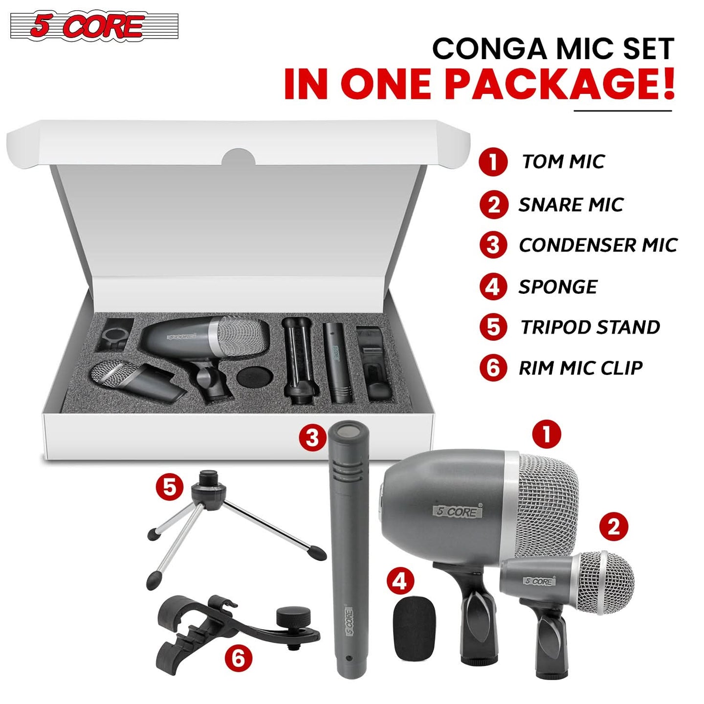 Professional 5Core condenser microphone for snare and tom drums in grey