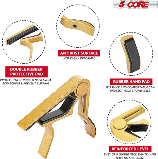 Close-up view of 5 core capo acoustic electric guitar 6 string kapo 2 pair quick and easy adjustment classic clip for banjo mandolin - 5Core branding