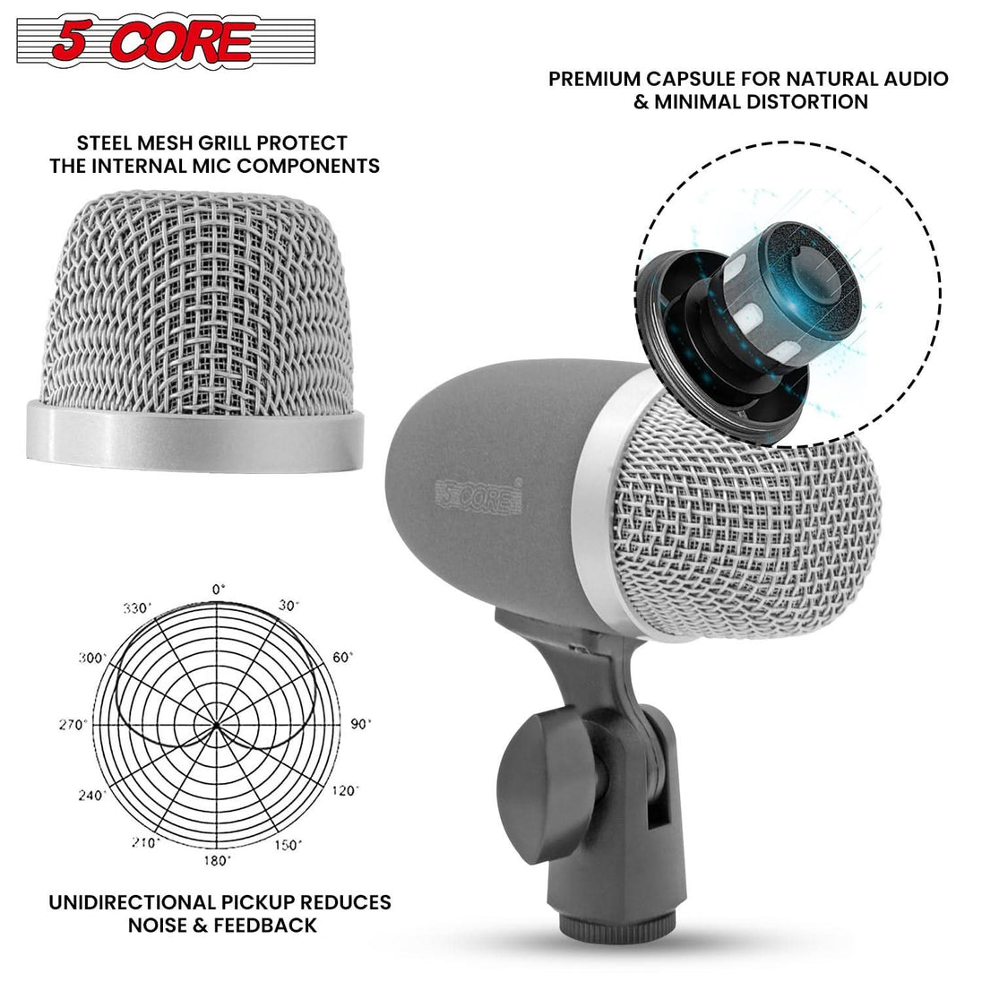 5Core gray XLR snare microphone wired uni-directional for drums and other musical instruments