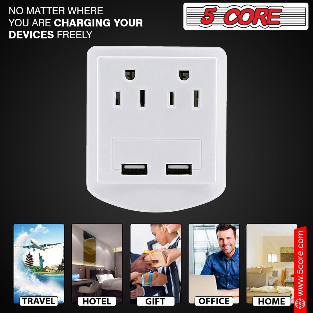 Compact travel adapter from 5 Core for charging multiple devices abroad