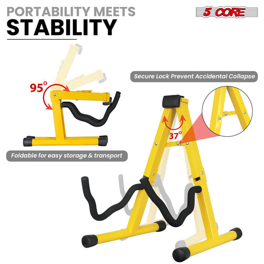 Colorful 5Core yellow guitar holder with secure grip and foldable frame