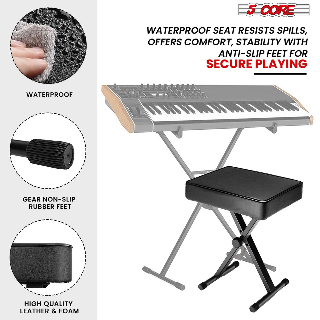 Adjustable 5Core X style piano bench, black heavy duty keyboard stool