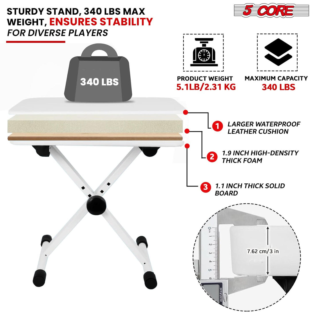 5Core adjustable white keyboard bench, X style piano stool with heavy duty frame