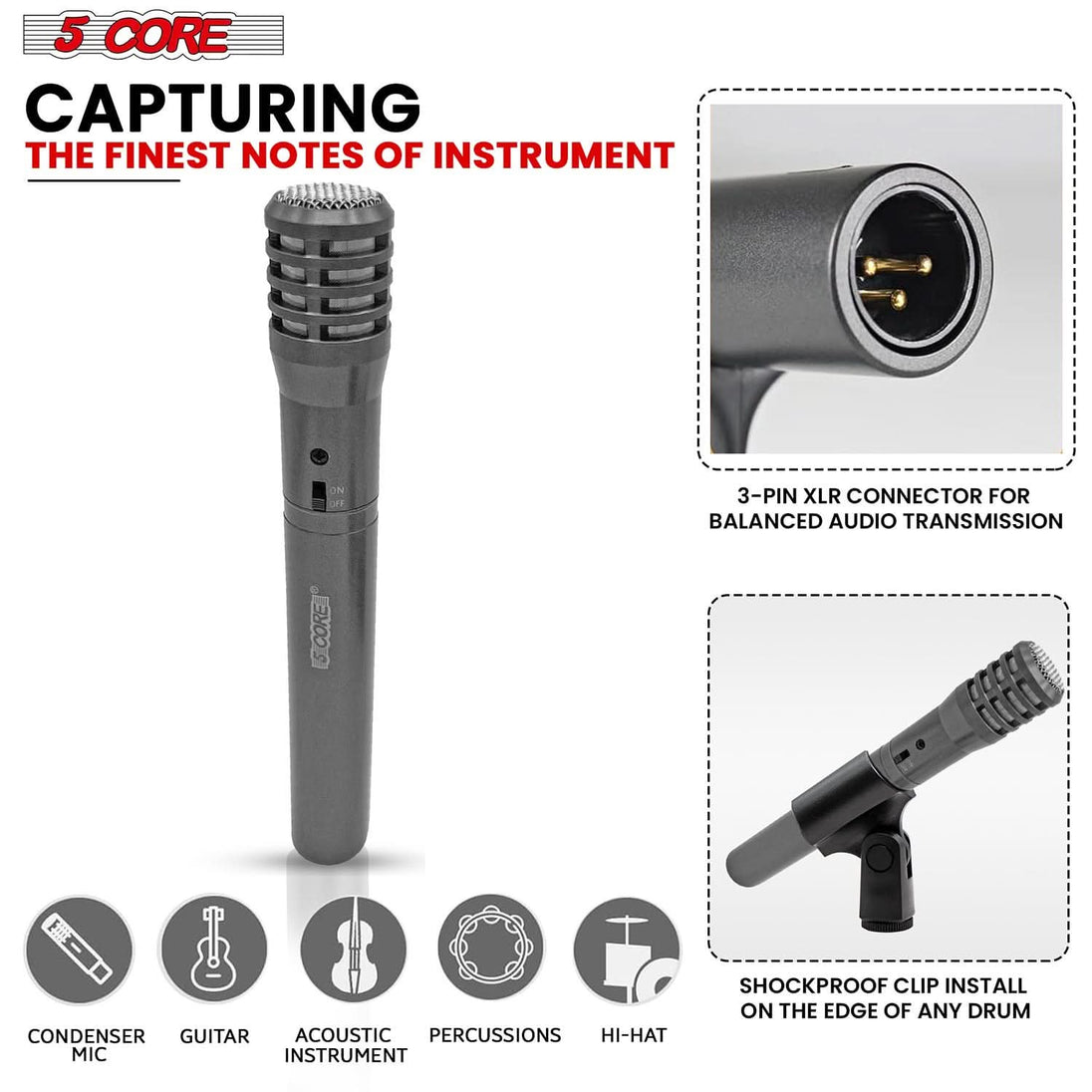 5Core grey instrument condenser microphone with cardioid pickup