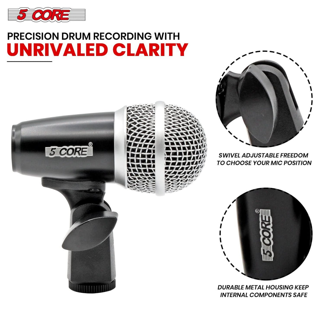 5Core drum kit microphone, black, XLR condenser mic for snare and tom