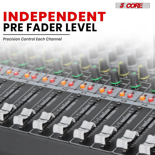 5Core 24-channel audio mixing board with Bluetooth, USB connection, and PC recording interface