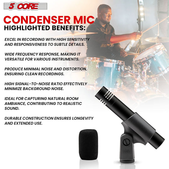 5Core black XLR pencil stick condenser mic cardioid for studio recording