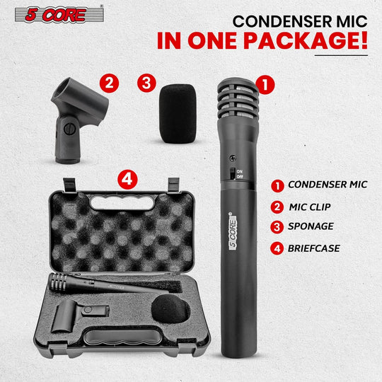 5Core black XLR cardioid pencil stick condenser microphone for studio instruments