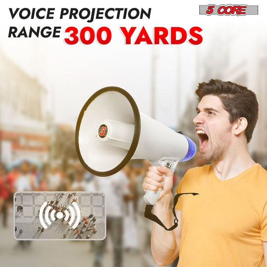 Powerful bullhorn megaphone, requires 6 D-type batteries (not included), with volume control and built-in siren.