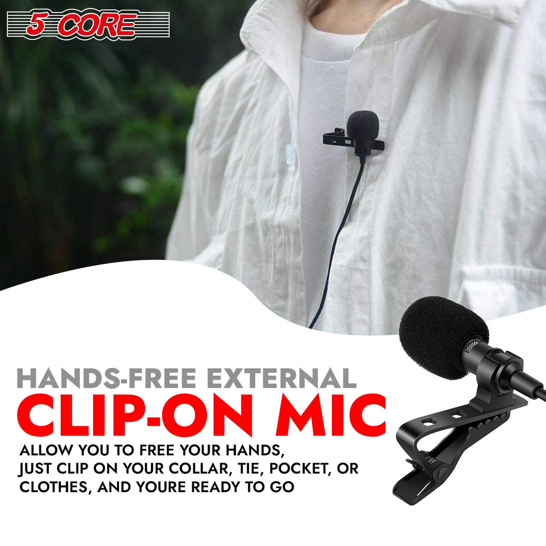 5Core clip-on omnidirectional lapel microphone, 3.5mm professional-grade lavalier mic