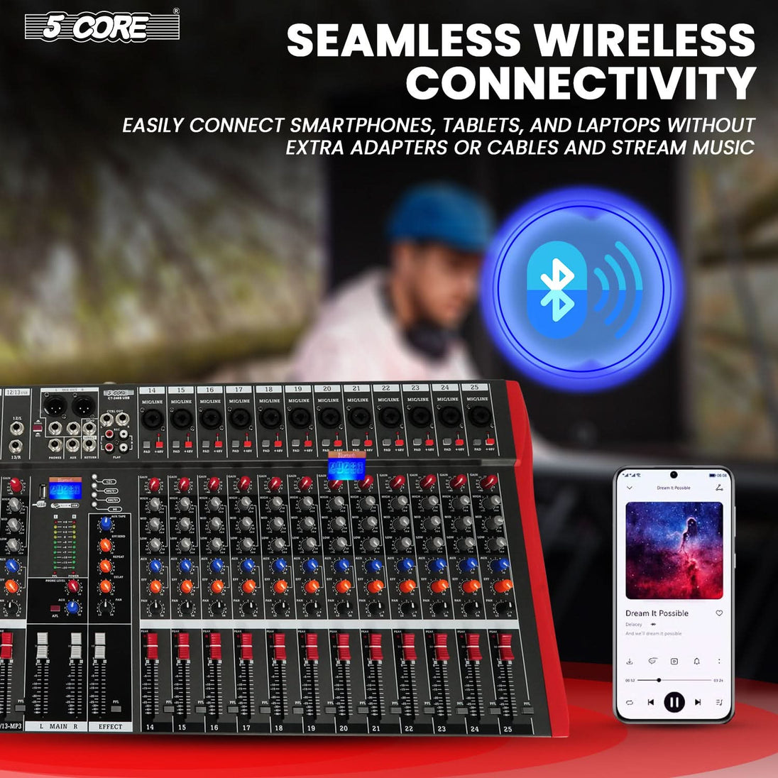5Core Bluetooth audio mixer, 24 channel DJ mixing board, USB and analog interface for professional audio