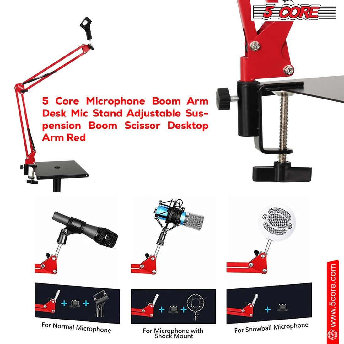 Desk mic stand with suspension boom arm and clamp by 5Core RED
