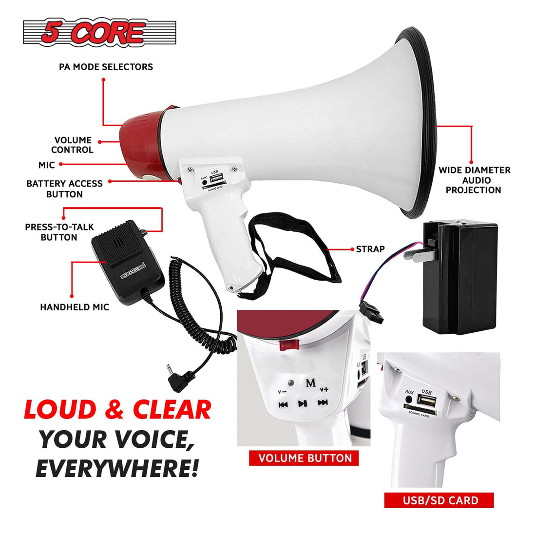 Megaphone with 300-meter projection, delivering loud and clear sound for communication across vast spaces.