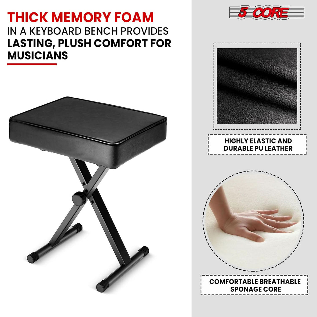 Black 5Core X style keyboard stool, heavy duty adjustable piano bench
