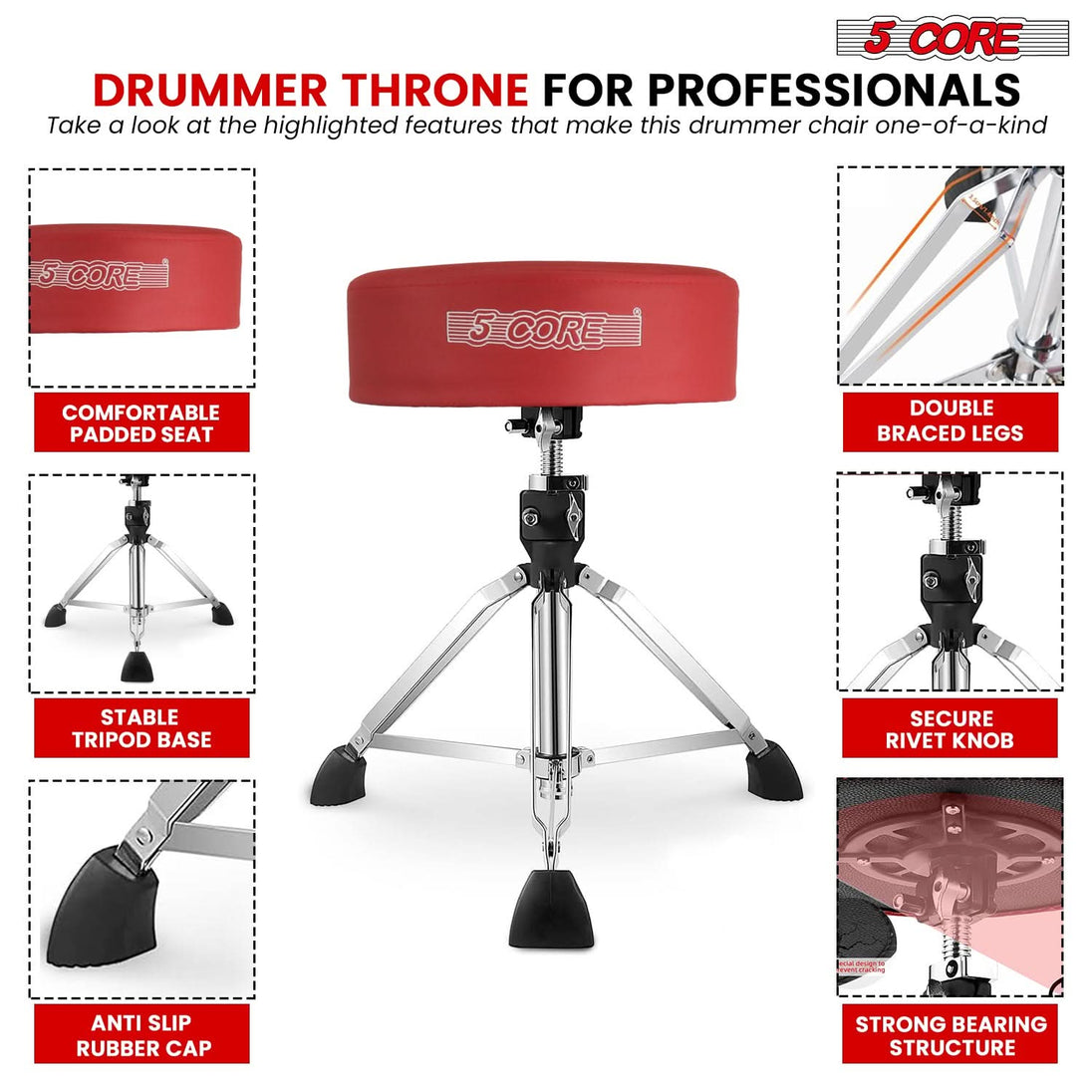 Height adjustable musician seat with ergonomic design for customizable comfort during practice and performances