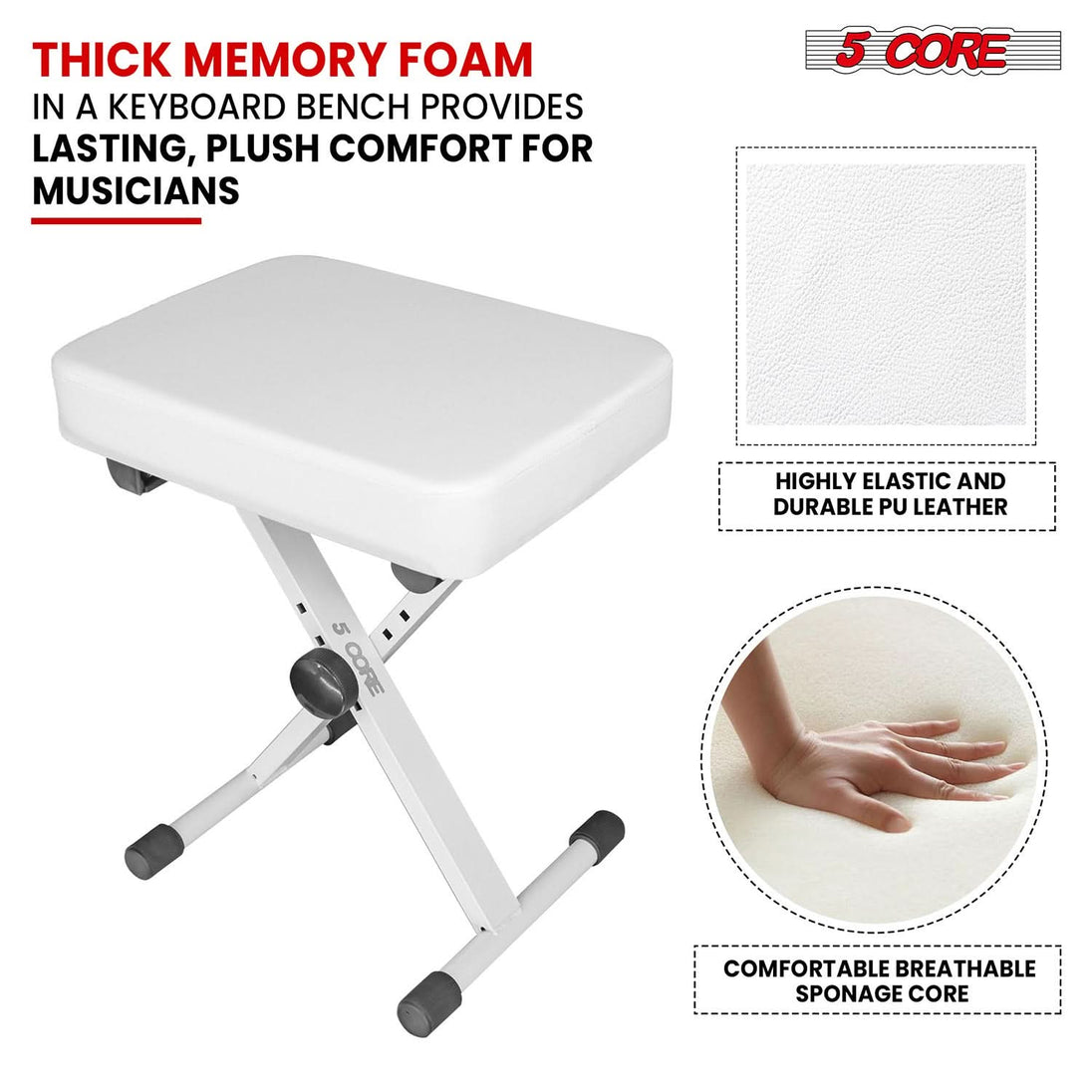 White 5Core X style keyboard stool, heavy duty adjustable piano bench