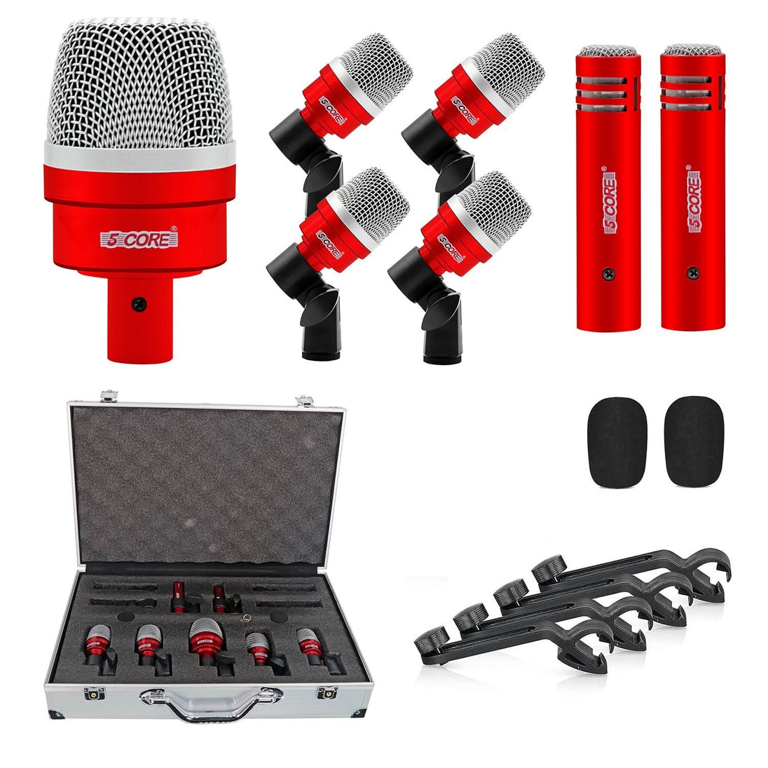 5Core Drum Mic Kit 7 Pcs Kick Bass Tom Snare Dynamic Microphone Instrument Mics Set Red