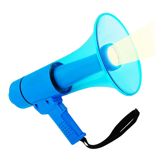 Blue megaphone bullhorn speaker with built-in siren and LED light