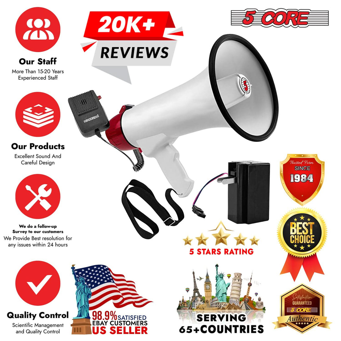 Versatile bullhorn megaphone with multiple functions, including volume control, siren, and long-range projection.