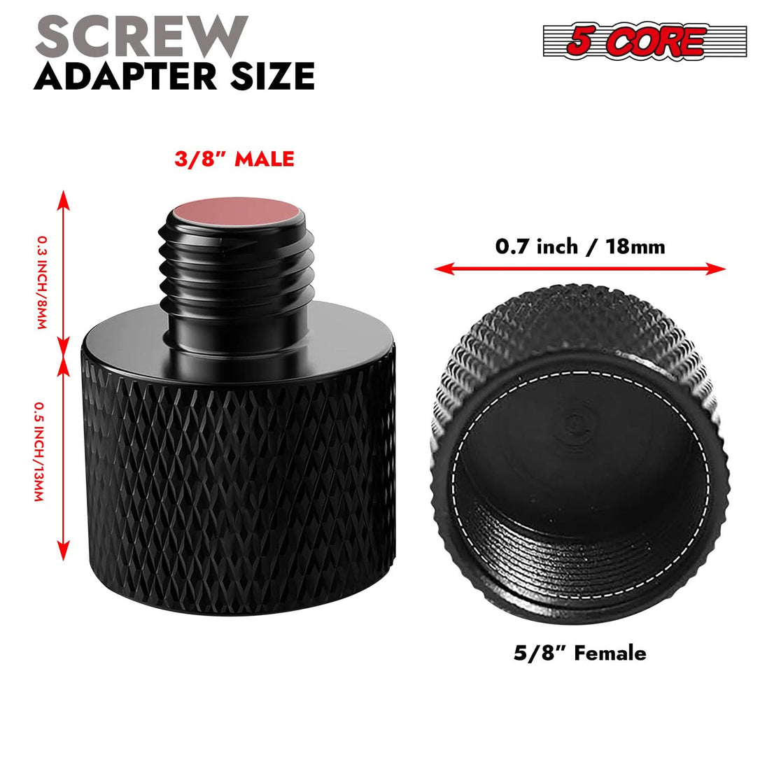 5Core mic stand converter, 5/8" female to 3/8" male, 12-piece screw thread adapter set