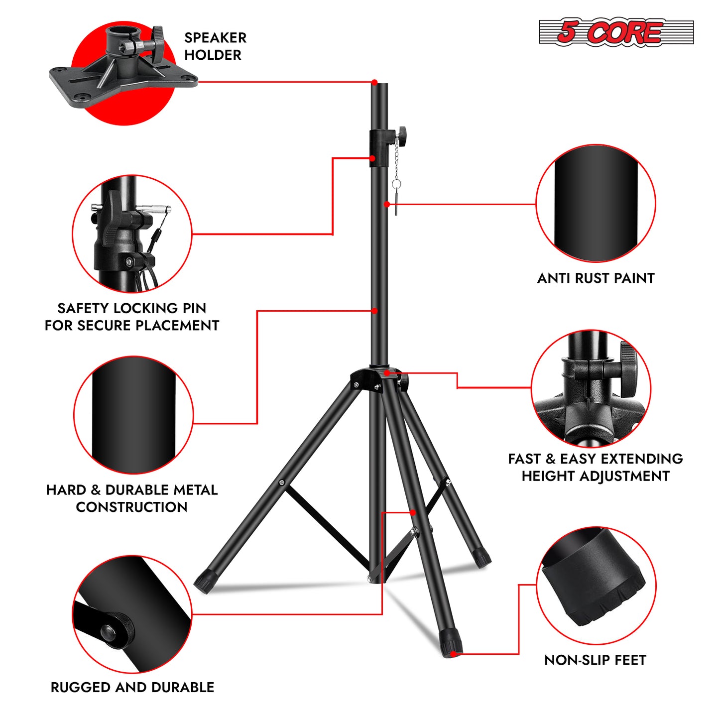 Height adjustable 5Core monitor speaker stand with stable base