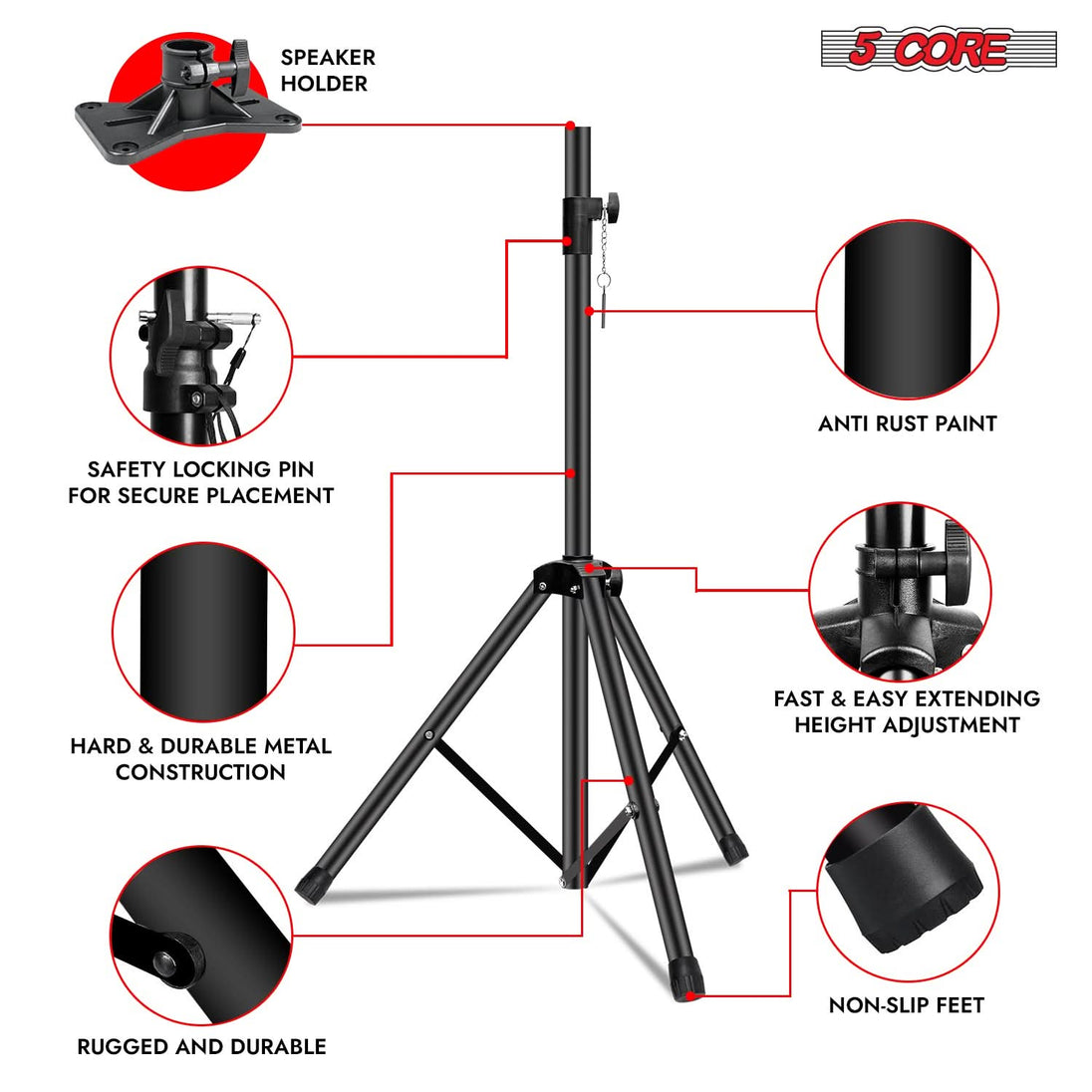 Height adjustable 5Core monitor speaker stand with stable base