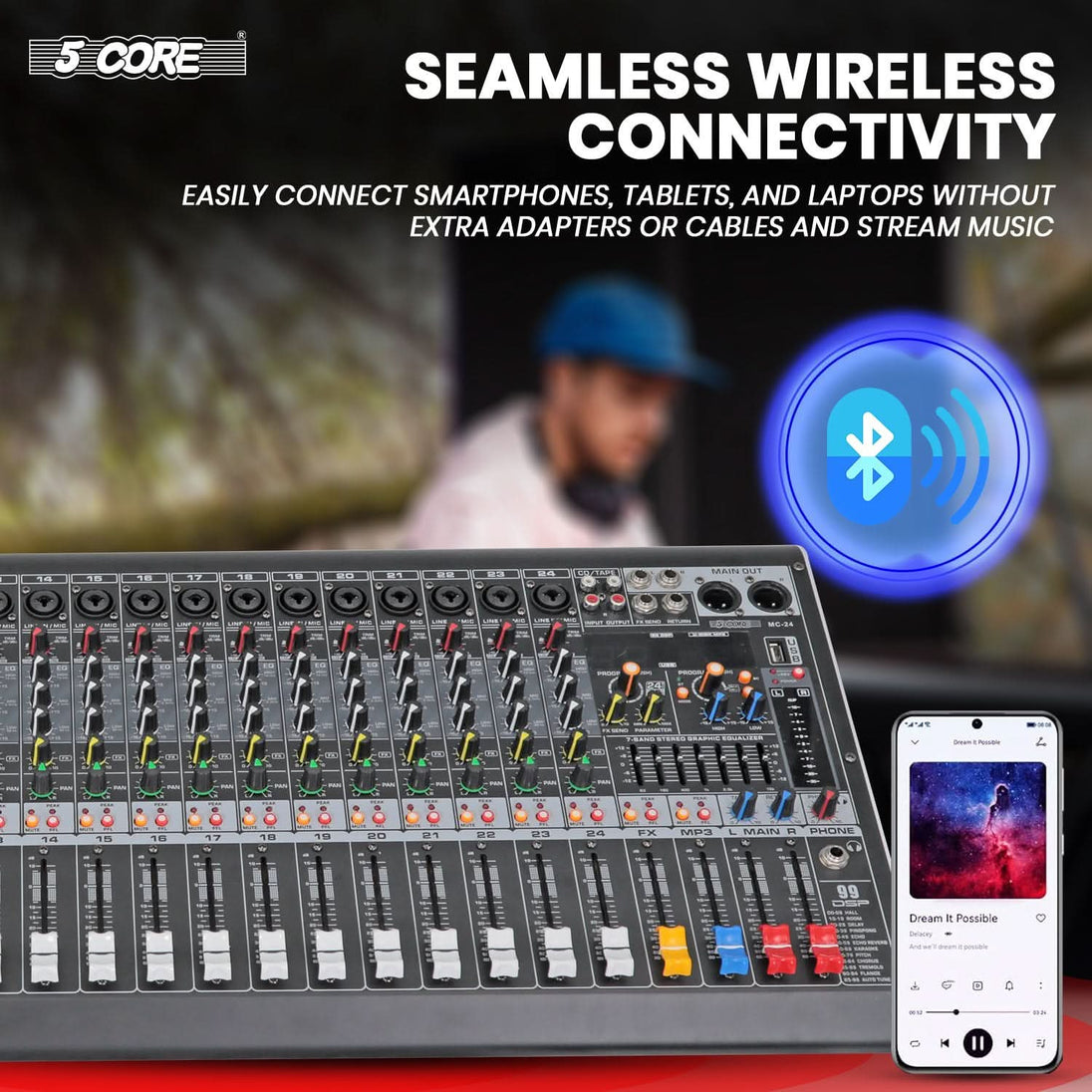 5Core DJ audio mixer 24 channels with Bluetooth, USB, PA system, and analog mixing capabilities