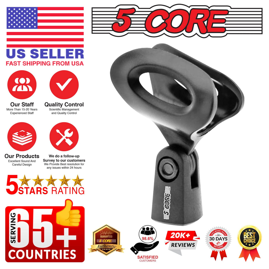 5Core 4 mic clip holders, screw adapters 5/8 to 3/8 inch, for microphone mounting