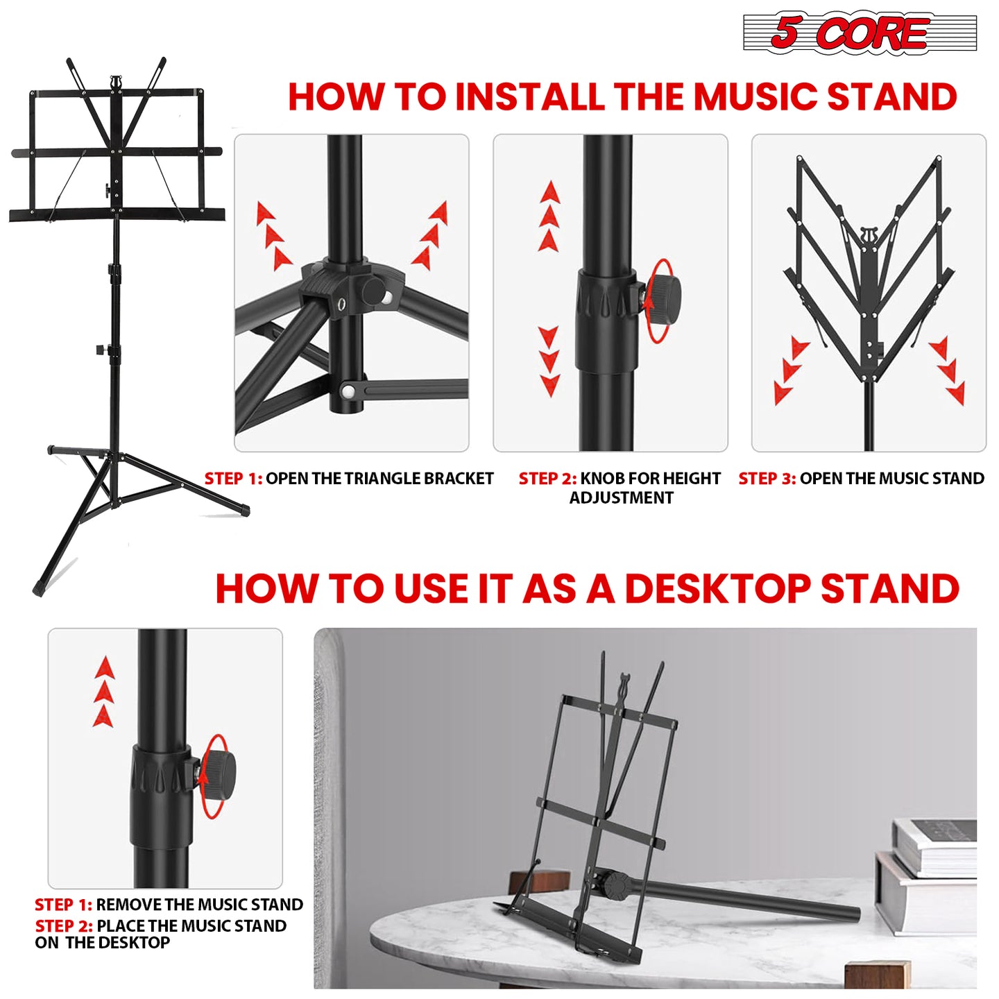 Sturdy tripod music stand for sheet holders and songbooks