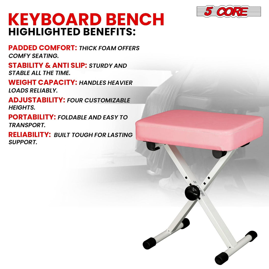 Sturdy keyboard bench with adjustable seat and heavy duty X style design