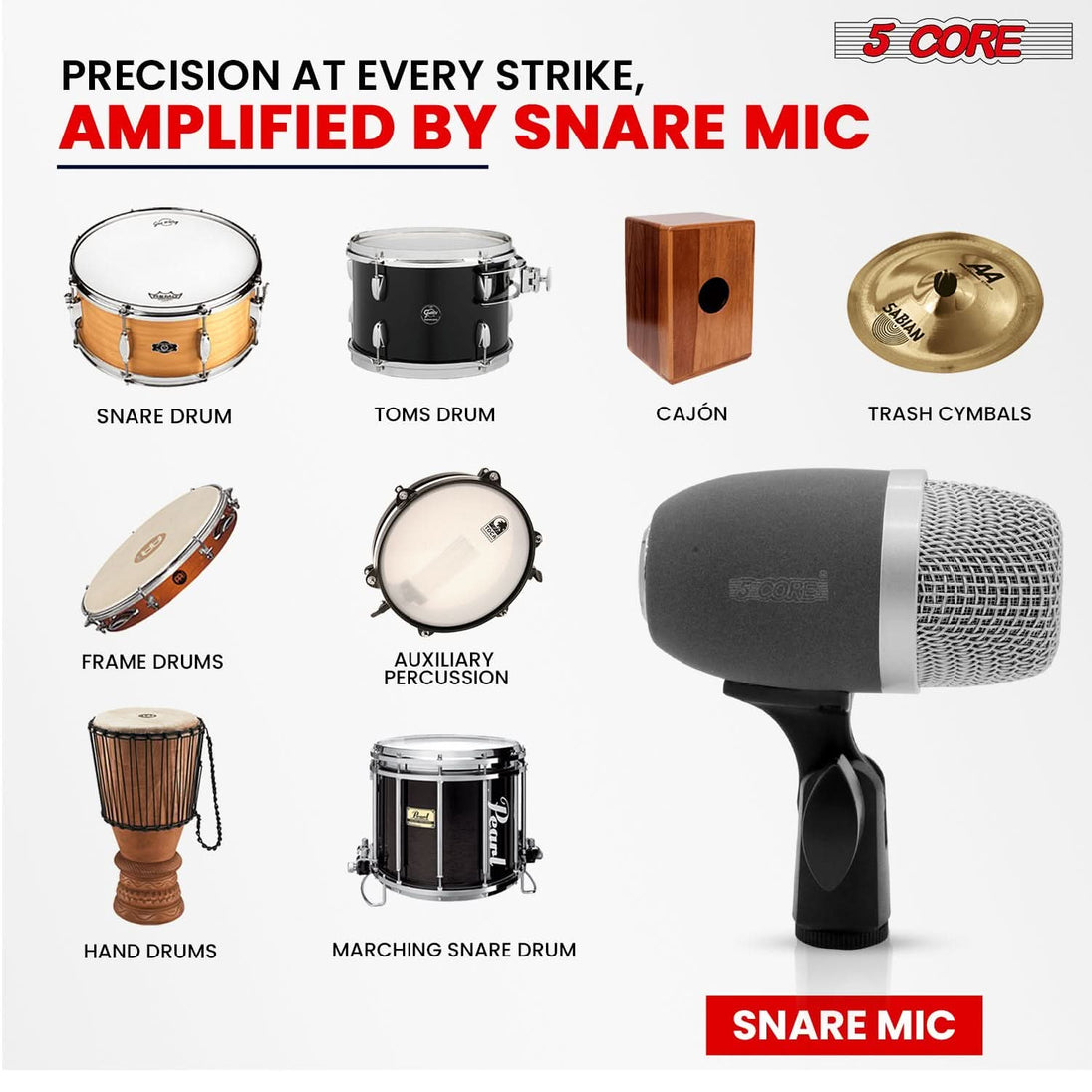 5Core XLR wired gray snare microphone uni-directional for tom drums and other instruments