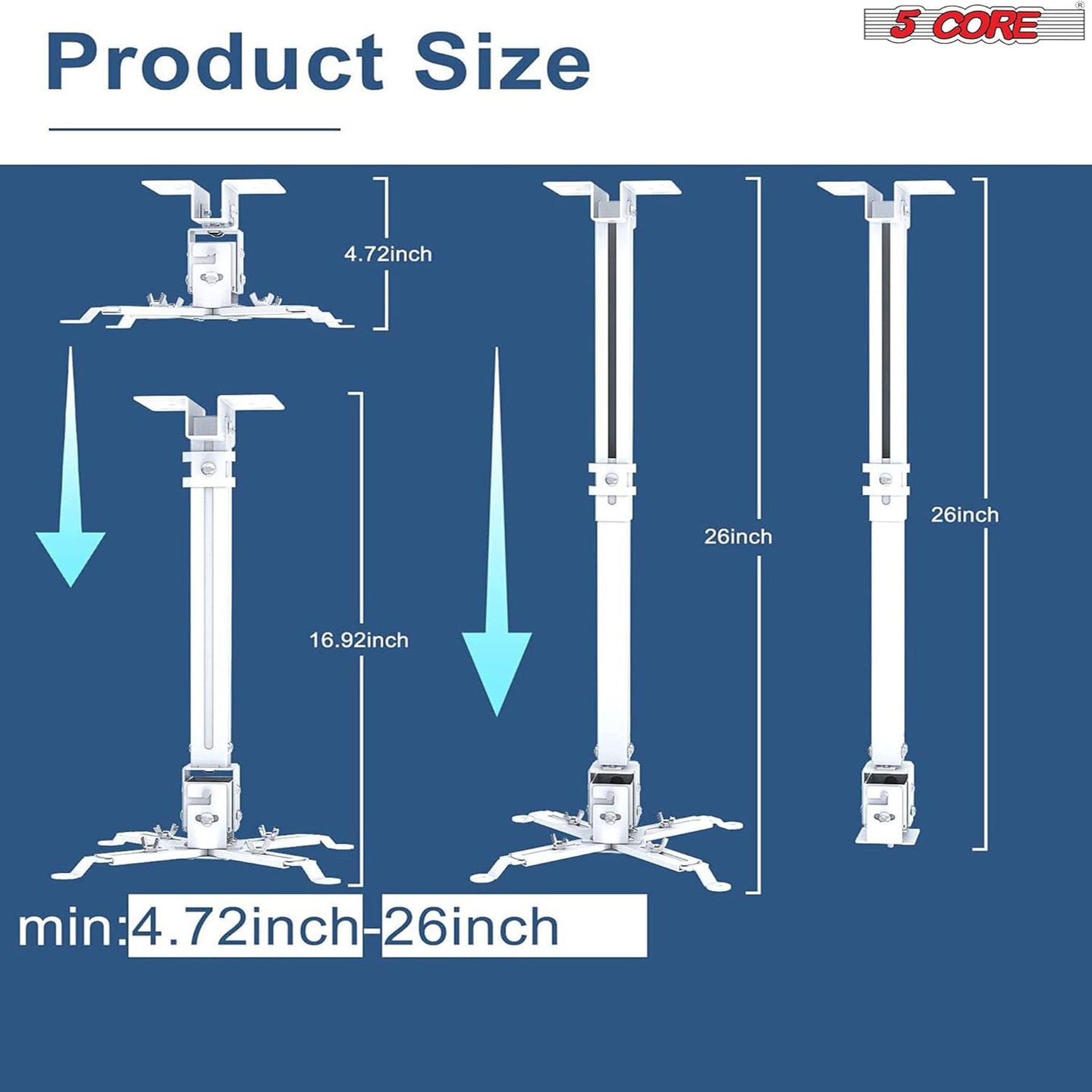 5Core projector mount ceiling wall holder with low profile adjustable design and 40lb capacity in white