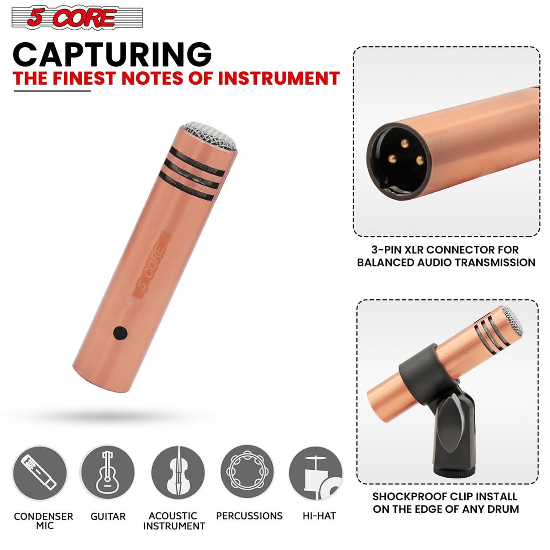 5Core drum kit microphone, copper XP, XLR condenser mic for snare and tom