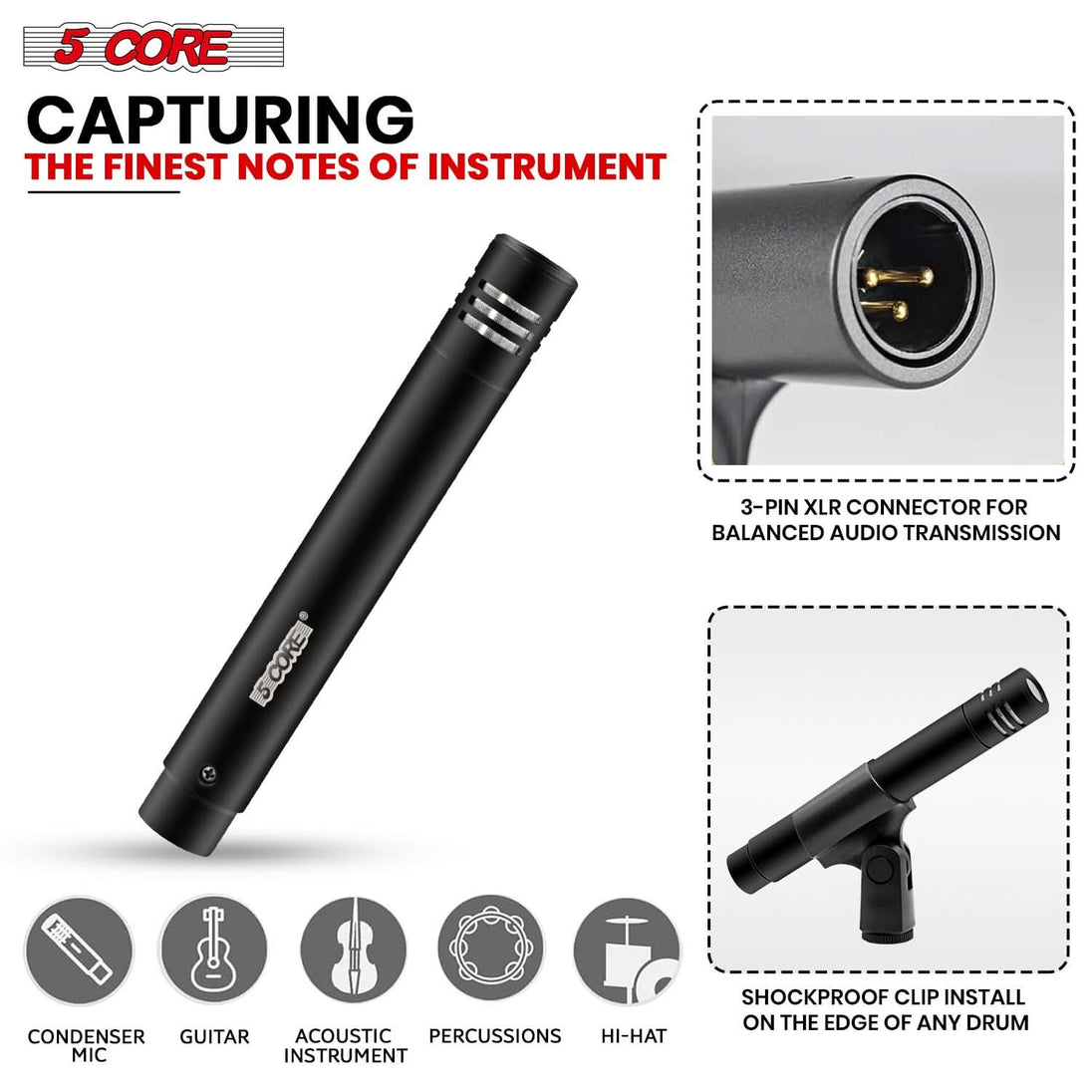 5Core black condenser mic for drum kit, ideal for conga, snare, and tom