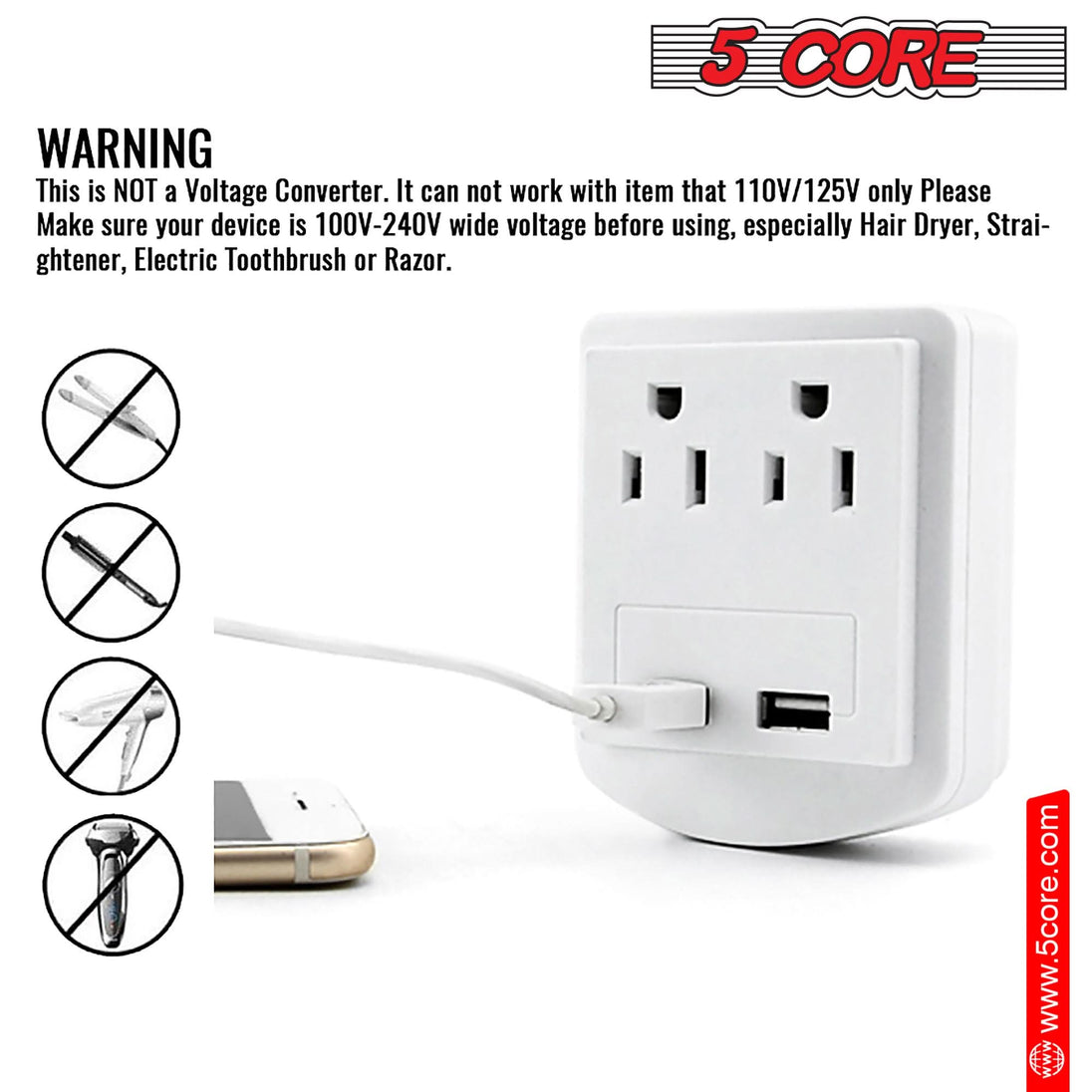 Travel-ready 5 Core plug adapter compatible with EU power sockets