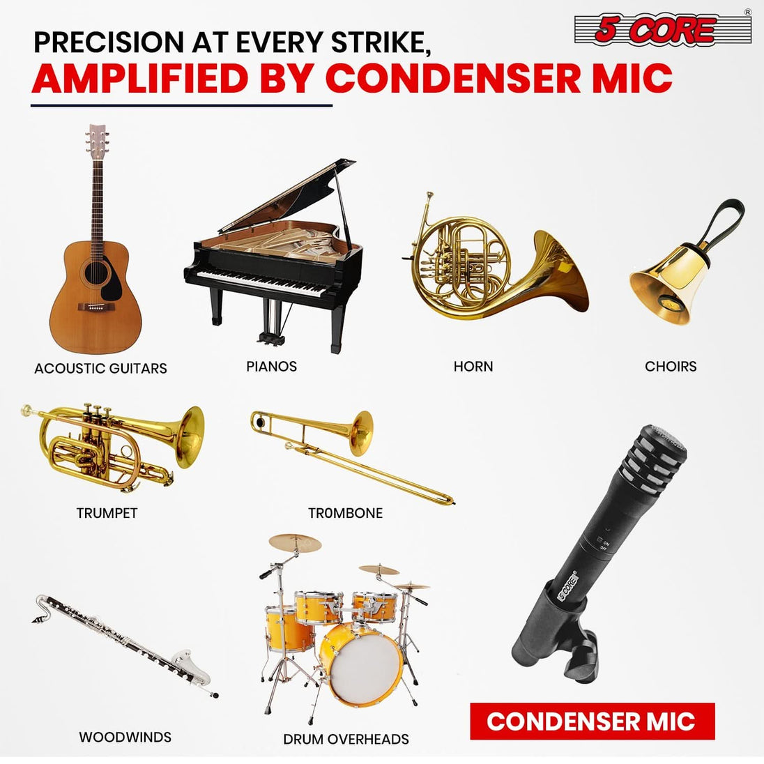 5Core black cardioid pencil stick condenser mic, XLR connection for professional instrument use