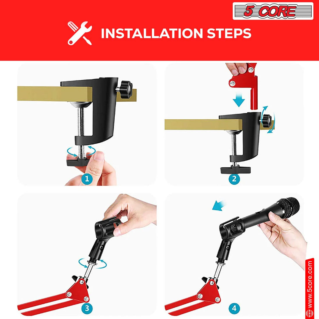 Clamp-on mic stand 5Core RED adjustable boom arm for desk use