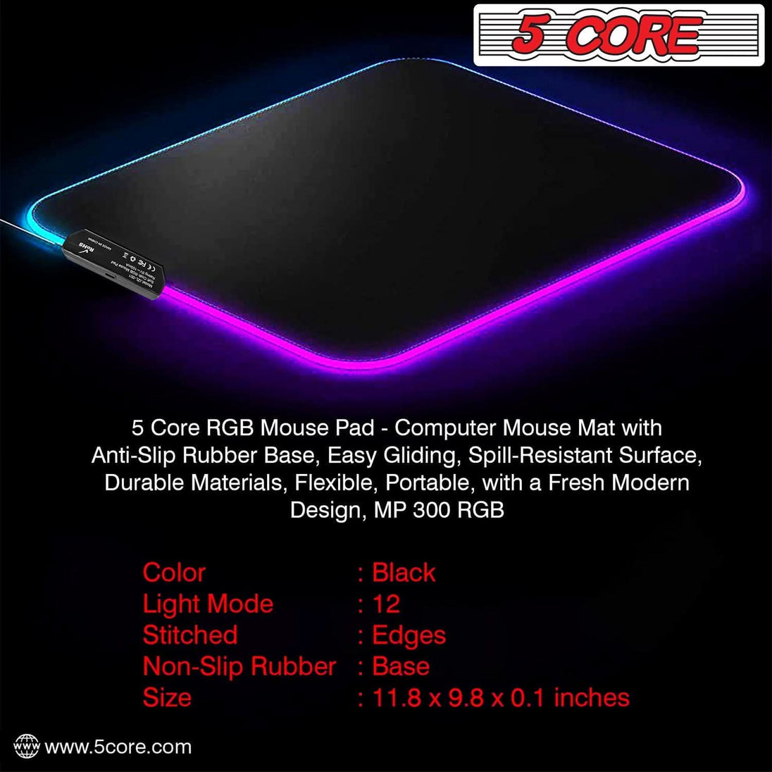 5Core customizable RGB gaming mouse pad with 12 light modes and a sturdy rubber bottom