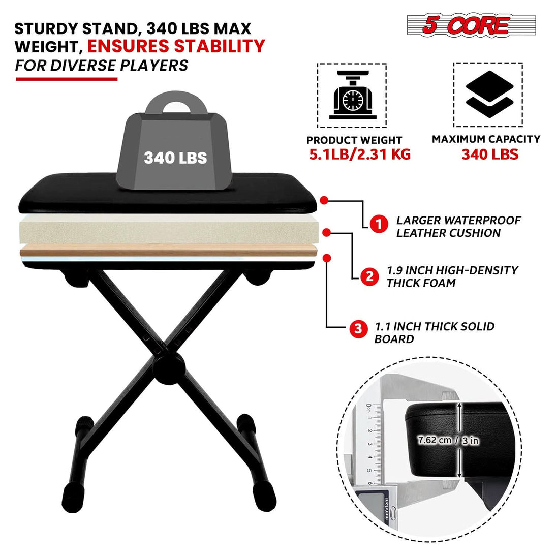 5Core adjustable black keyboard bench, X style piano stool with heavy duty frame