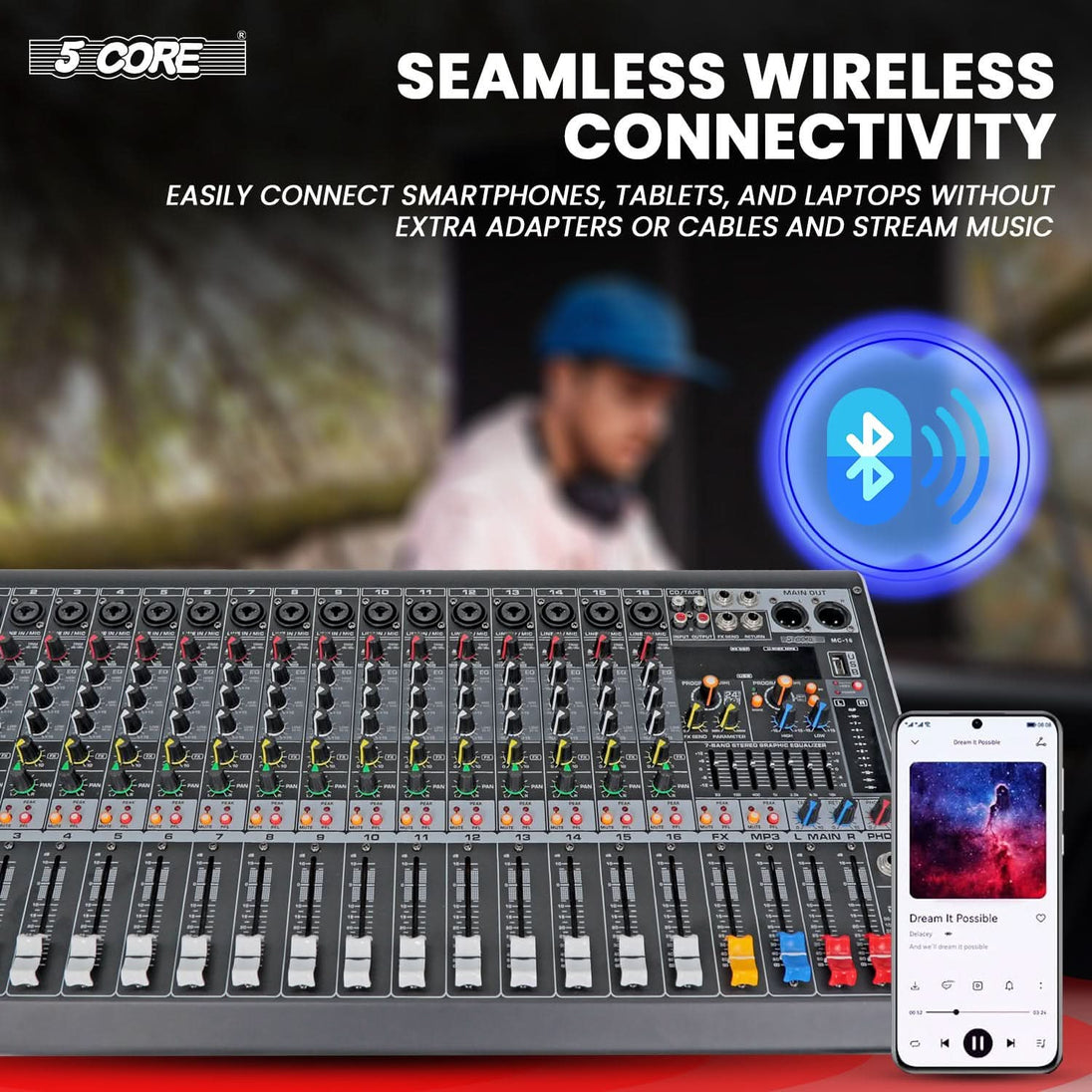 5Core 16-channel DJ audio mixer with Bluetooth, USB, and analog interface for professional mixing