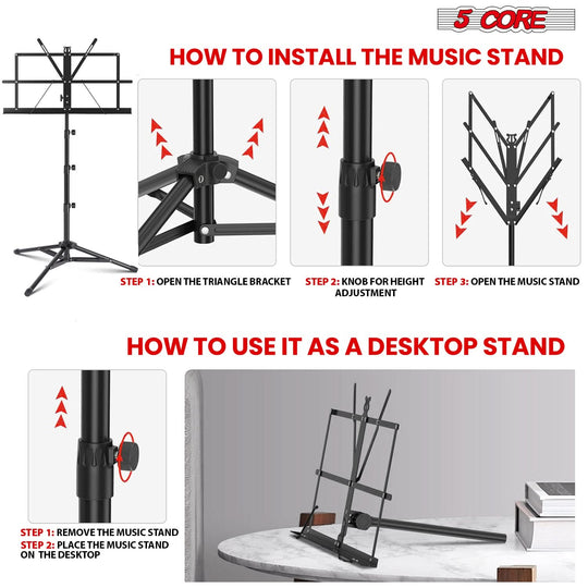 5Core adjustable tripod music stand for holding sheet music folding design