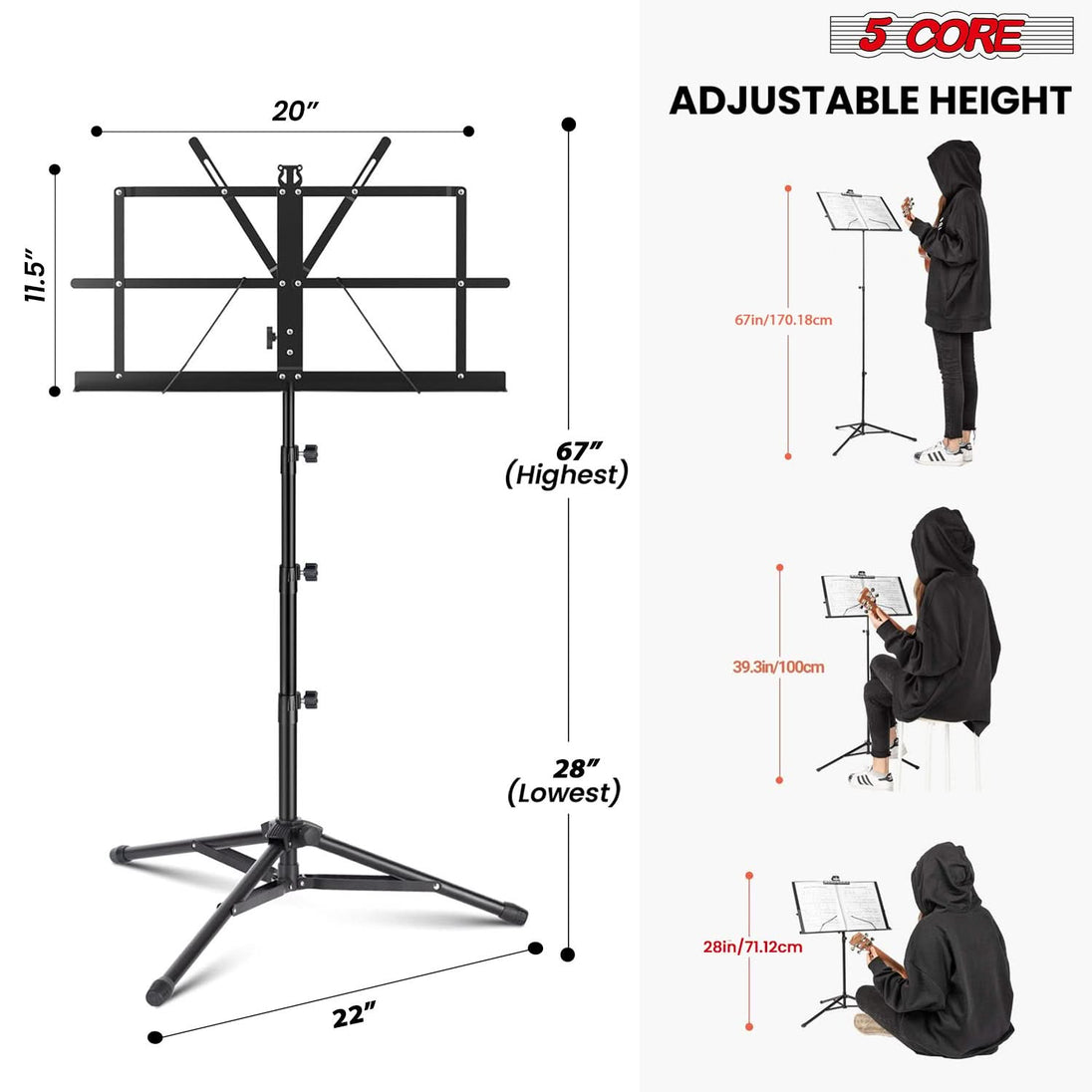 5Core adjustable tripod music stand for holding sheet music folding design