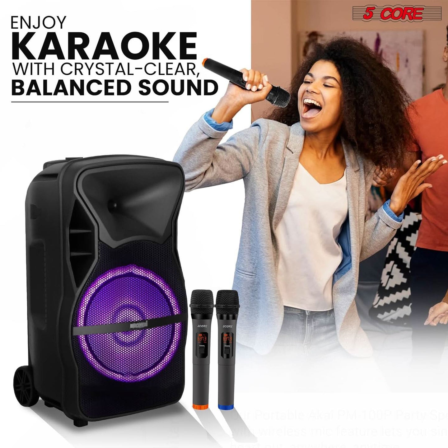 Complete 5Core sound system with speaker pair, stands, and 4 microphones