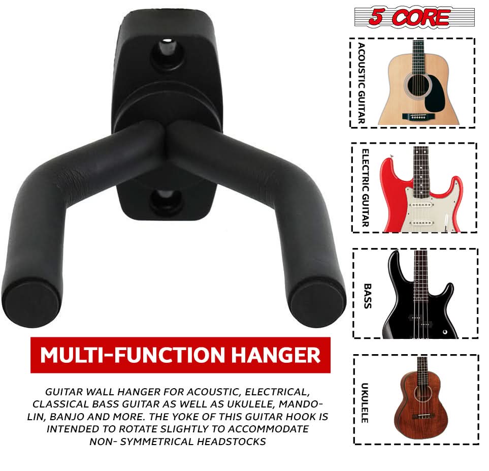 Display Wall Hook for Guitars - 5 Core Soft Padded Hangers with Screws