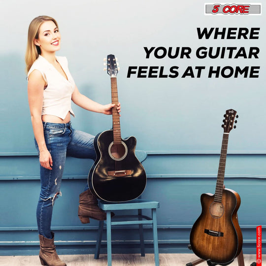 Top view of 5Core foldable guitar stand with brown frame