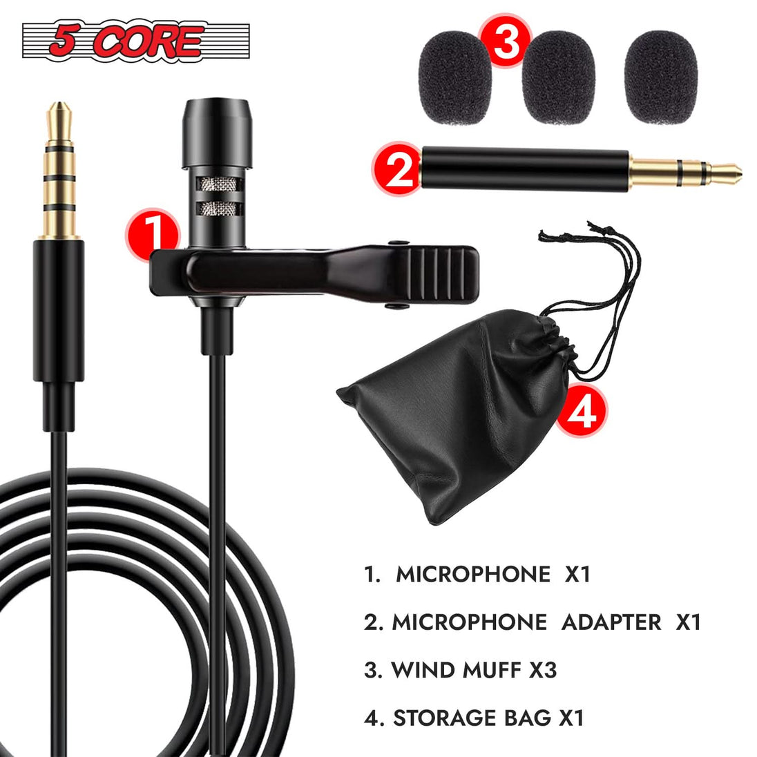 5Core omnidirectional clip-on lavalier mic, professional-grade 3.5mm lapel microphone