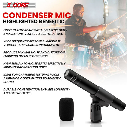 5Core XLR cardioid pencil mic black professional condenser for instrument use
