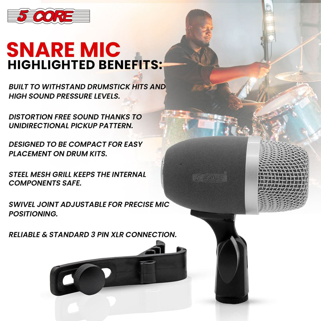 5Core uni-directional XLR wired snare microphone gray for tom drums and musical instruments
