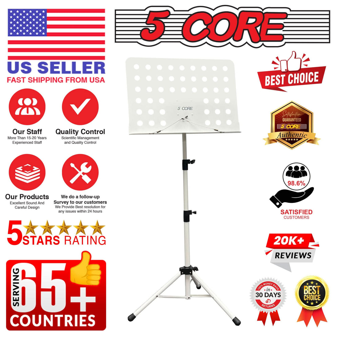Lightweight white 5Core music stand folding and portable for practice
