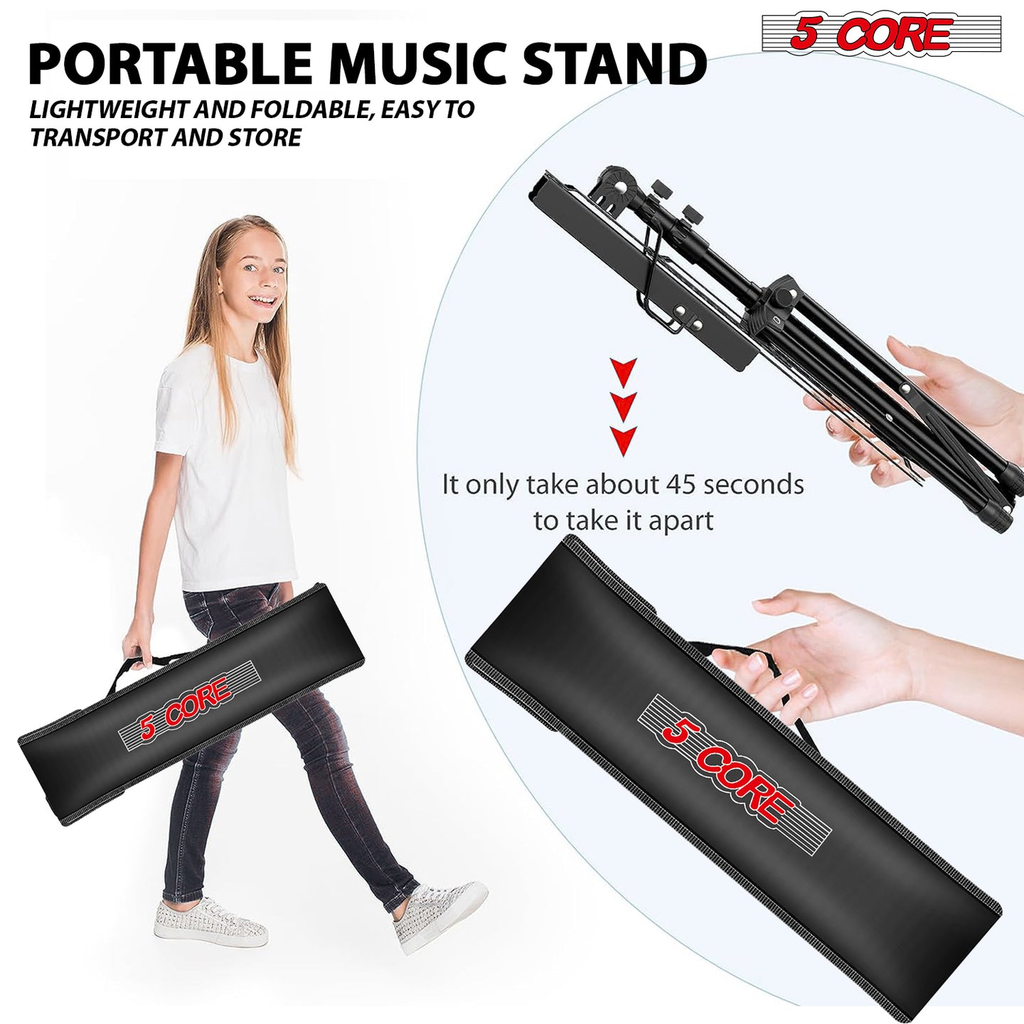 Professional-grade music stand with tilt tray and height adjustment